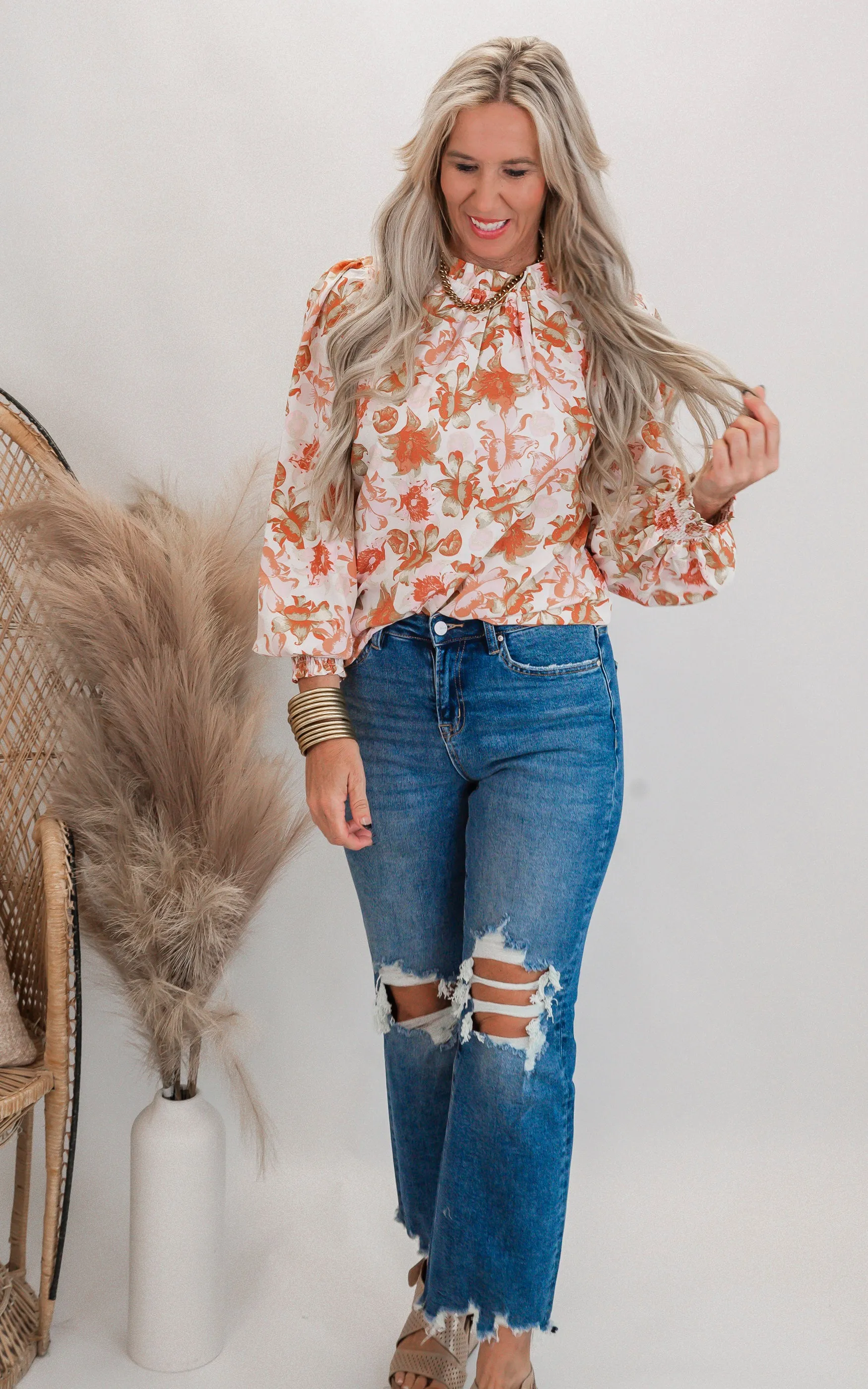 Floral Print Long Sleeve Mock Neck Blouse Top - Final Sale