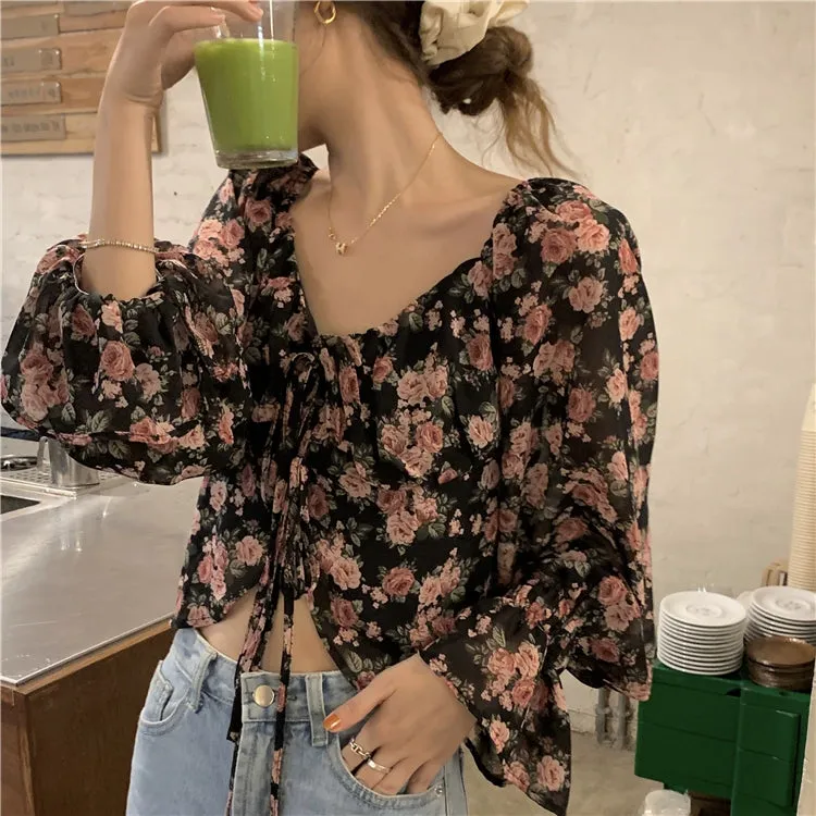 French Style High-Waist Chiffon Crop Top with Long Sleeves