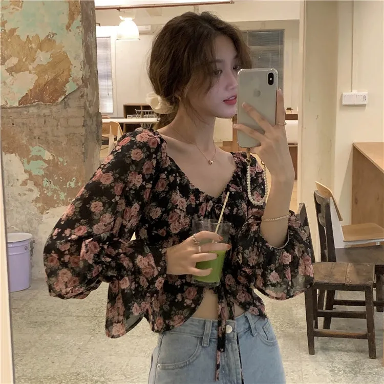 French Style High-Waist Chiffon Crop Top with Long Sleeves