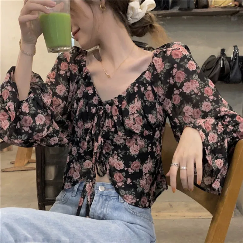 French Style High-Waist Chiffon Crop Top with Long Sleeves