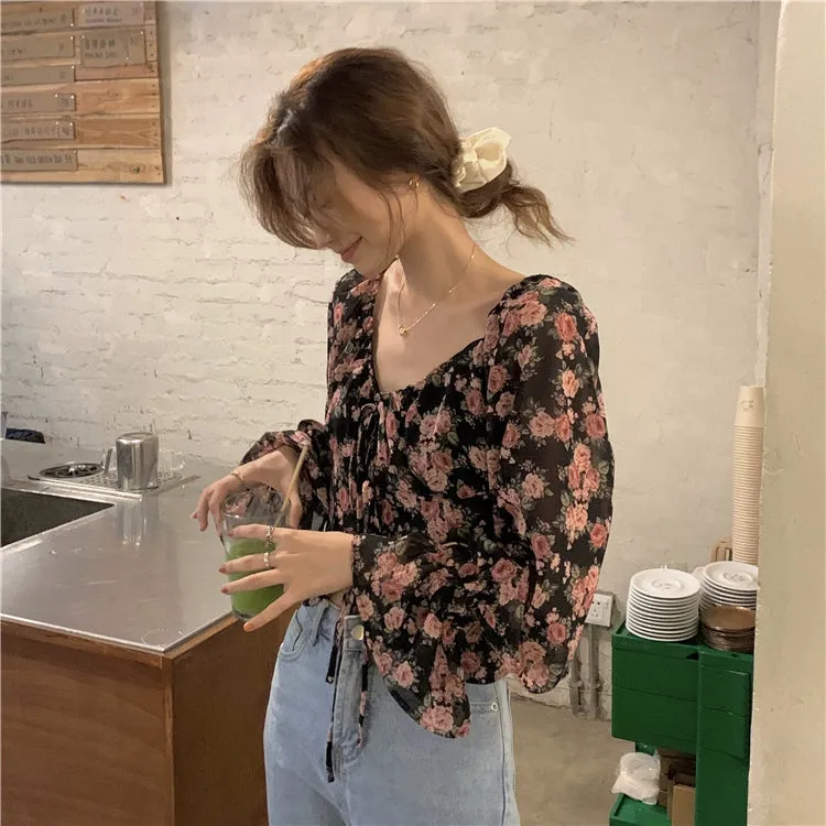 French Style High-Waist Chiffon Crop Top with Long Sleeves