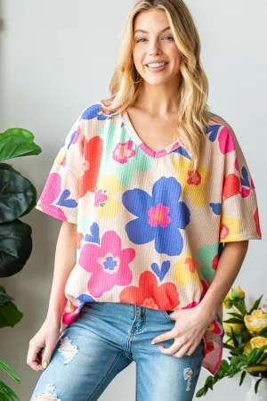 Full Size Floral V-Neck Side Slit T-Shirt