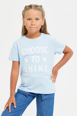 Girls Blue Embroidered T-Shirt