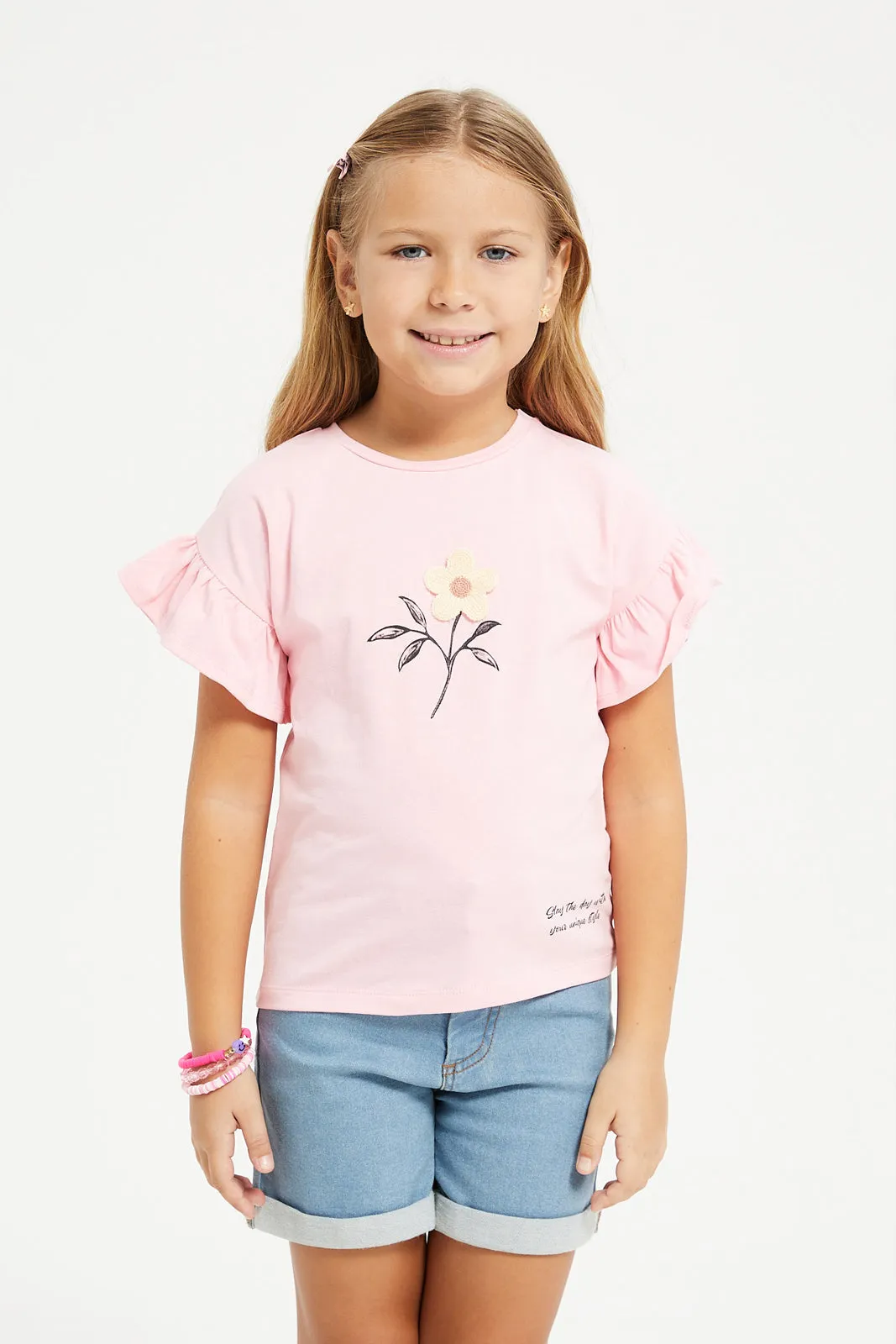 Girls Pink Crochet Flower T-Shirt