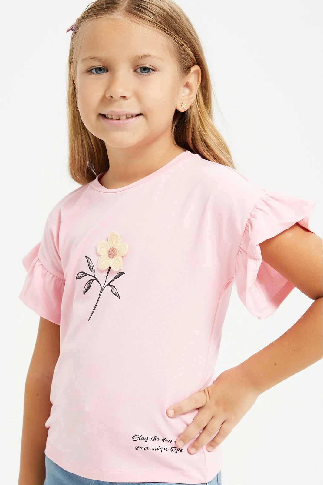 Girls Pink Crochet Flower T-Shirt