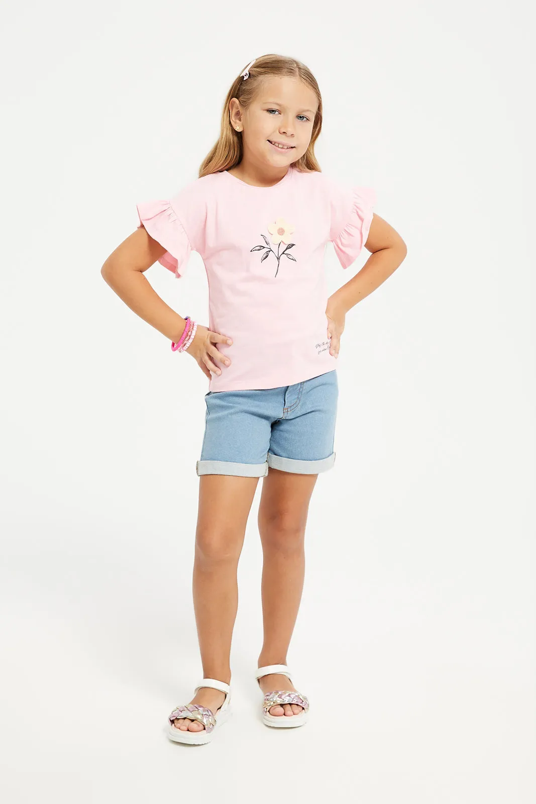 Girls Pink Crochet Flower T-Shirt