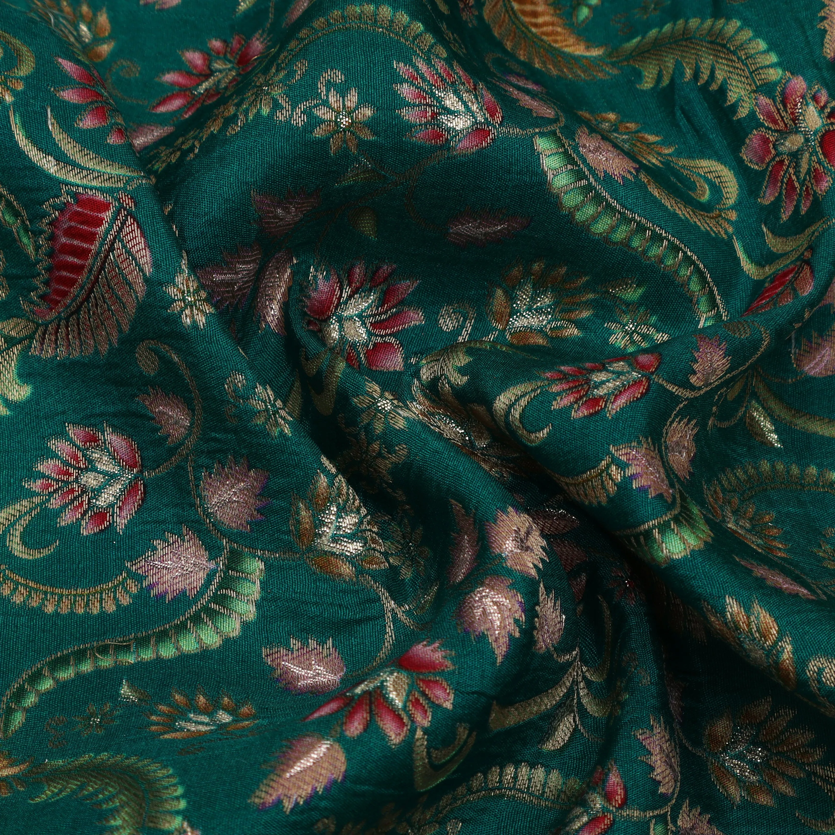 Green Color Dola Silk Jaquard Floral Print Fabric