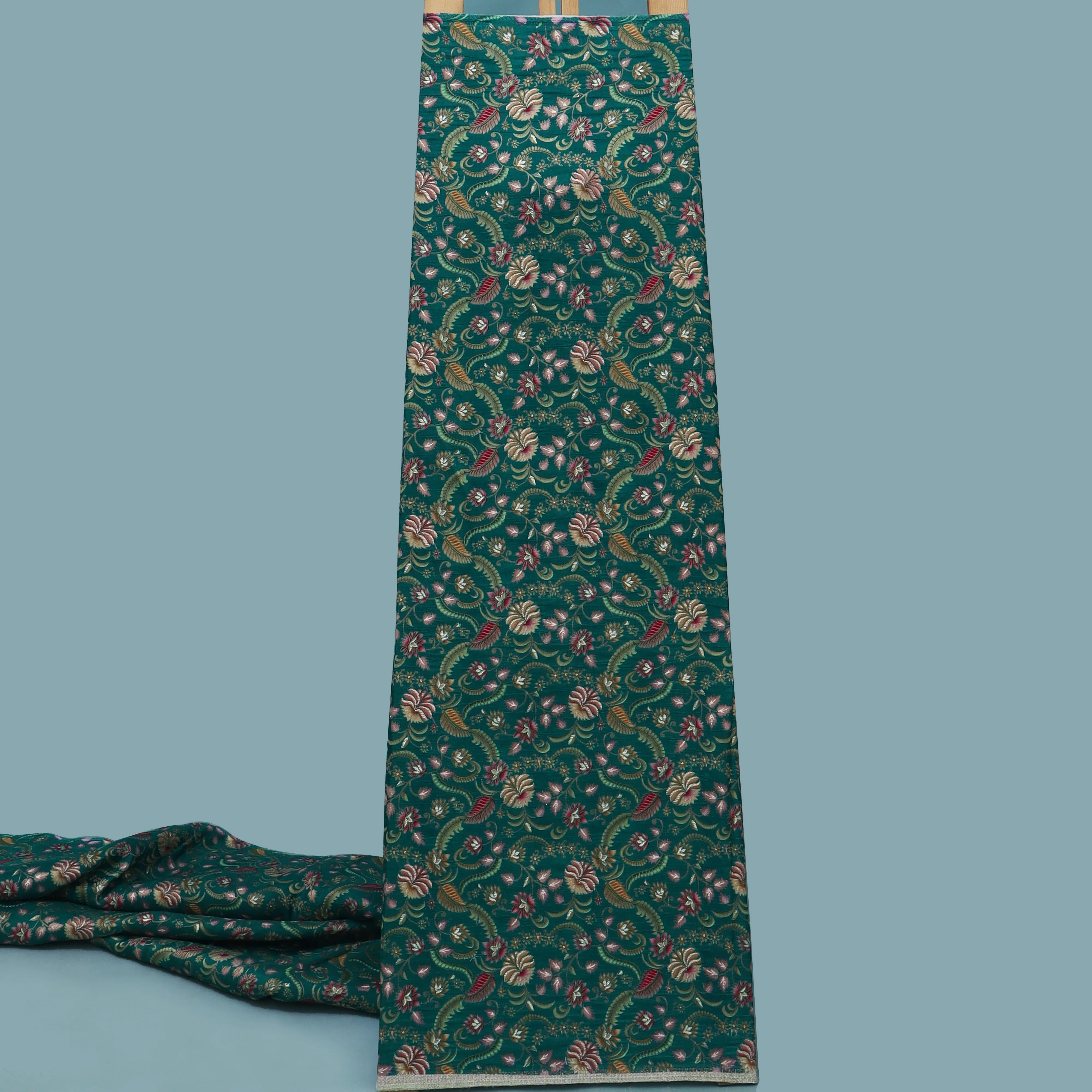 Green Color Dola Silk Jaquard Floral Print Fabric