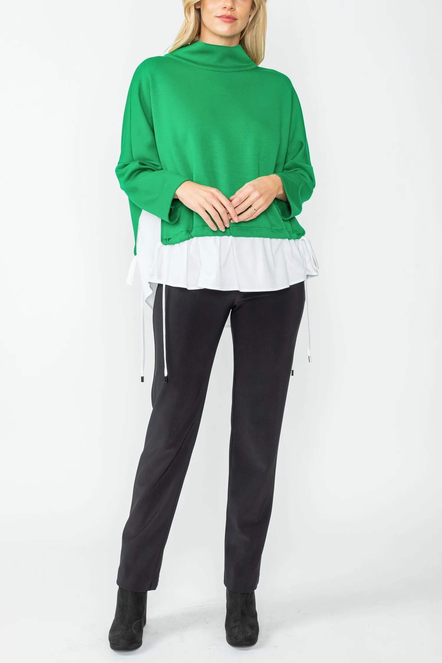 Green High Stand Collar & Shirts Tail Layer Top