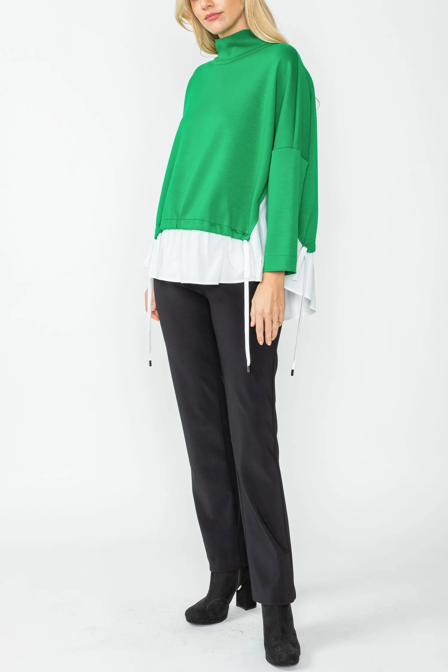 Green High Stand Collar & Shirts Tail Layer Top