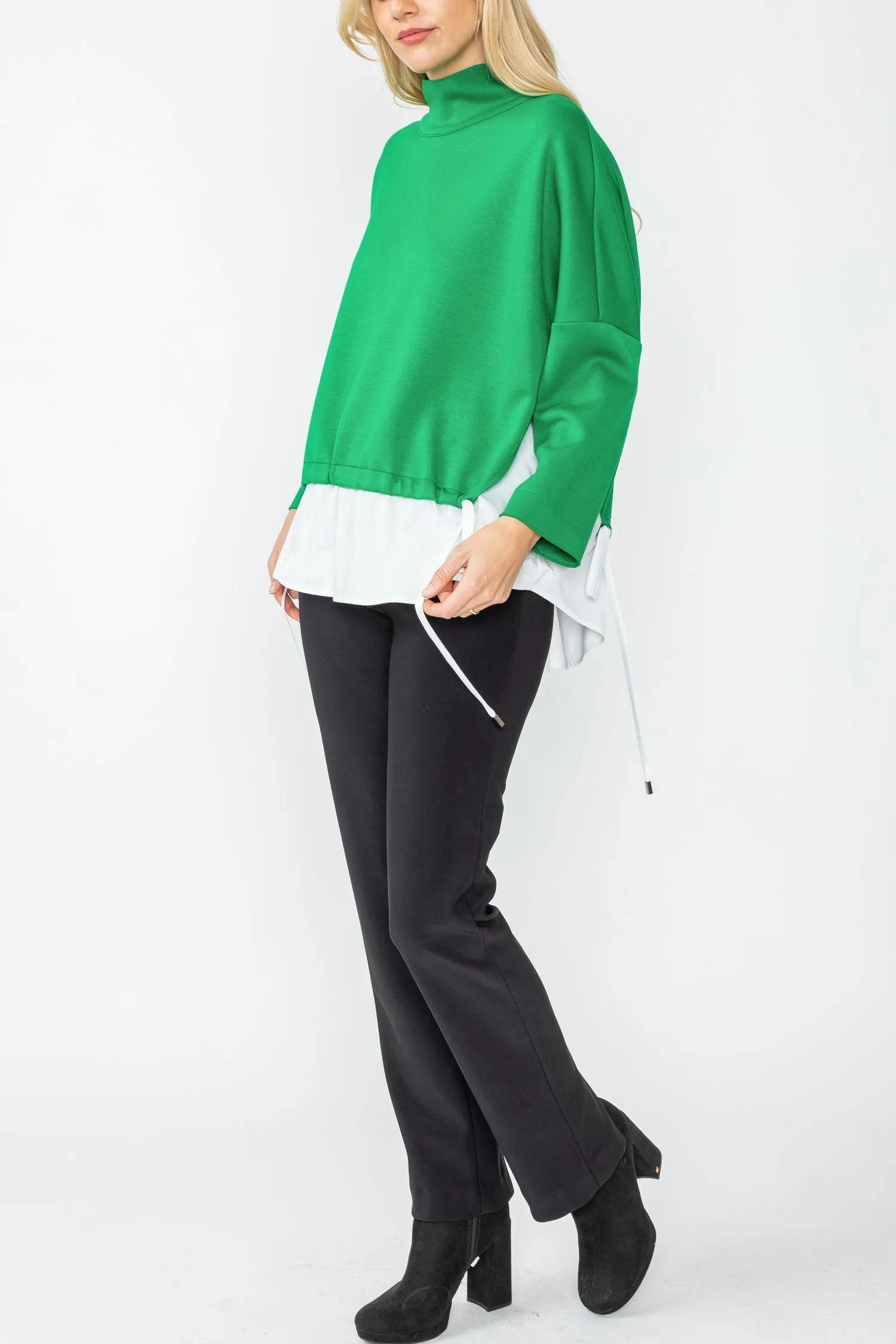 Green High Stand Collar & Shirts Tail Layer Top