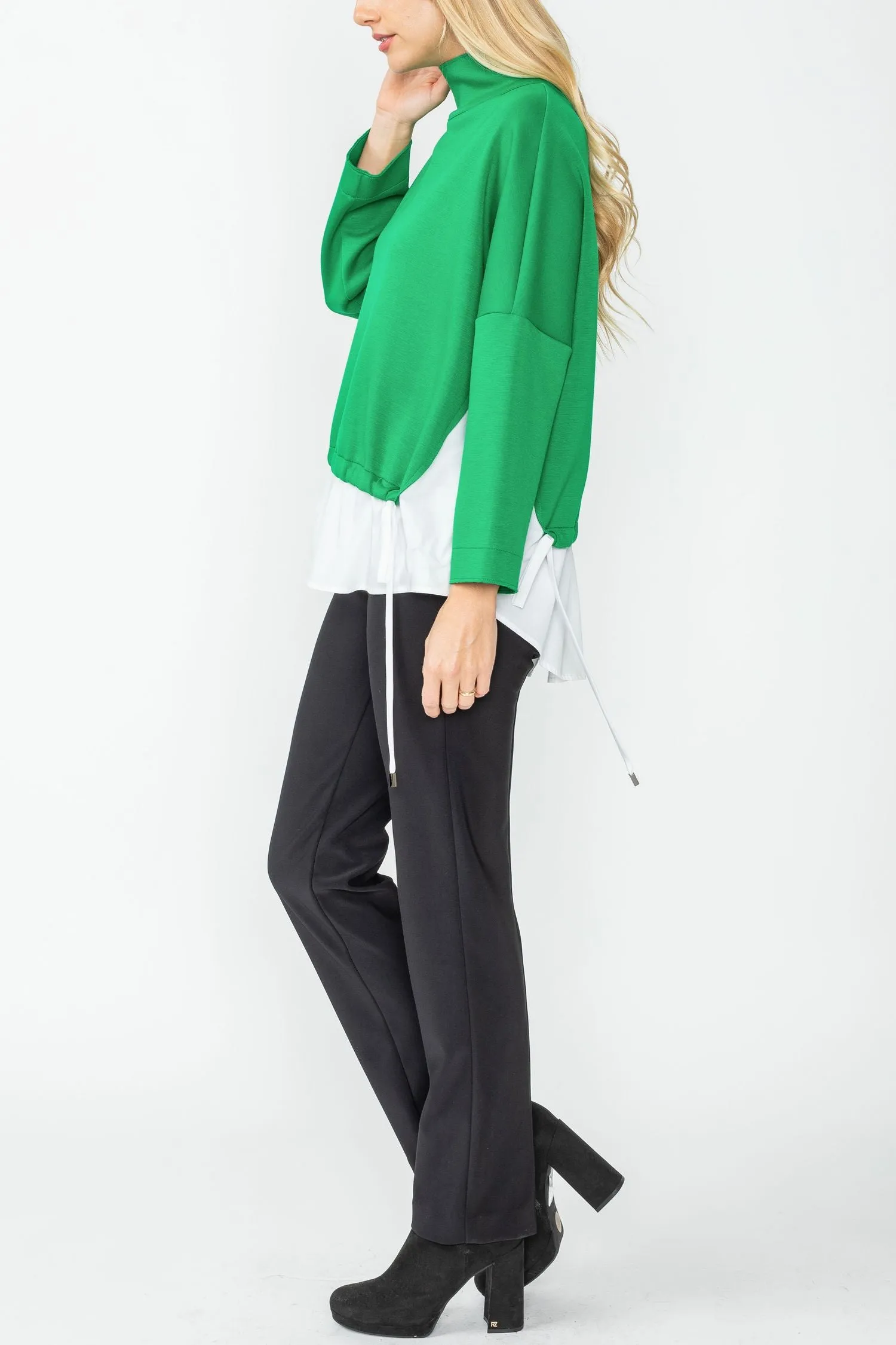 Green High Stand Collar & Shirts Tail Layer Top