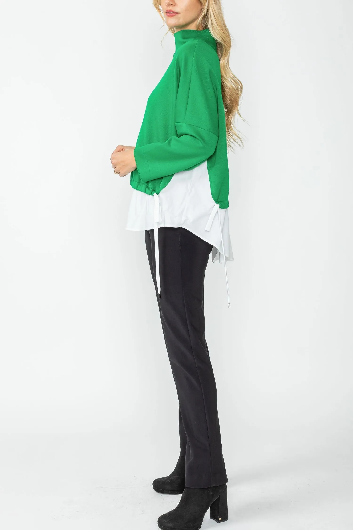 Green High Stand Collar & Shirts Tail Layer Top