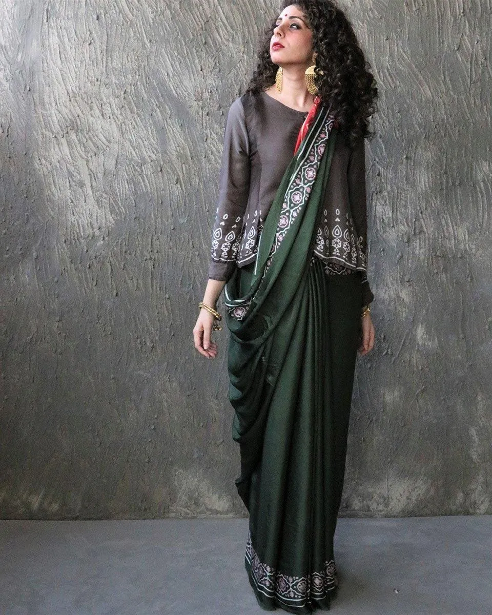 Green-Red Blockprinted Modal Silk Saree