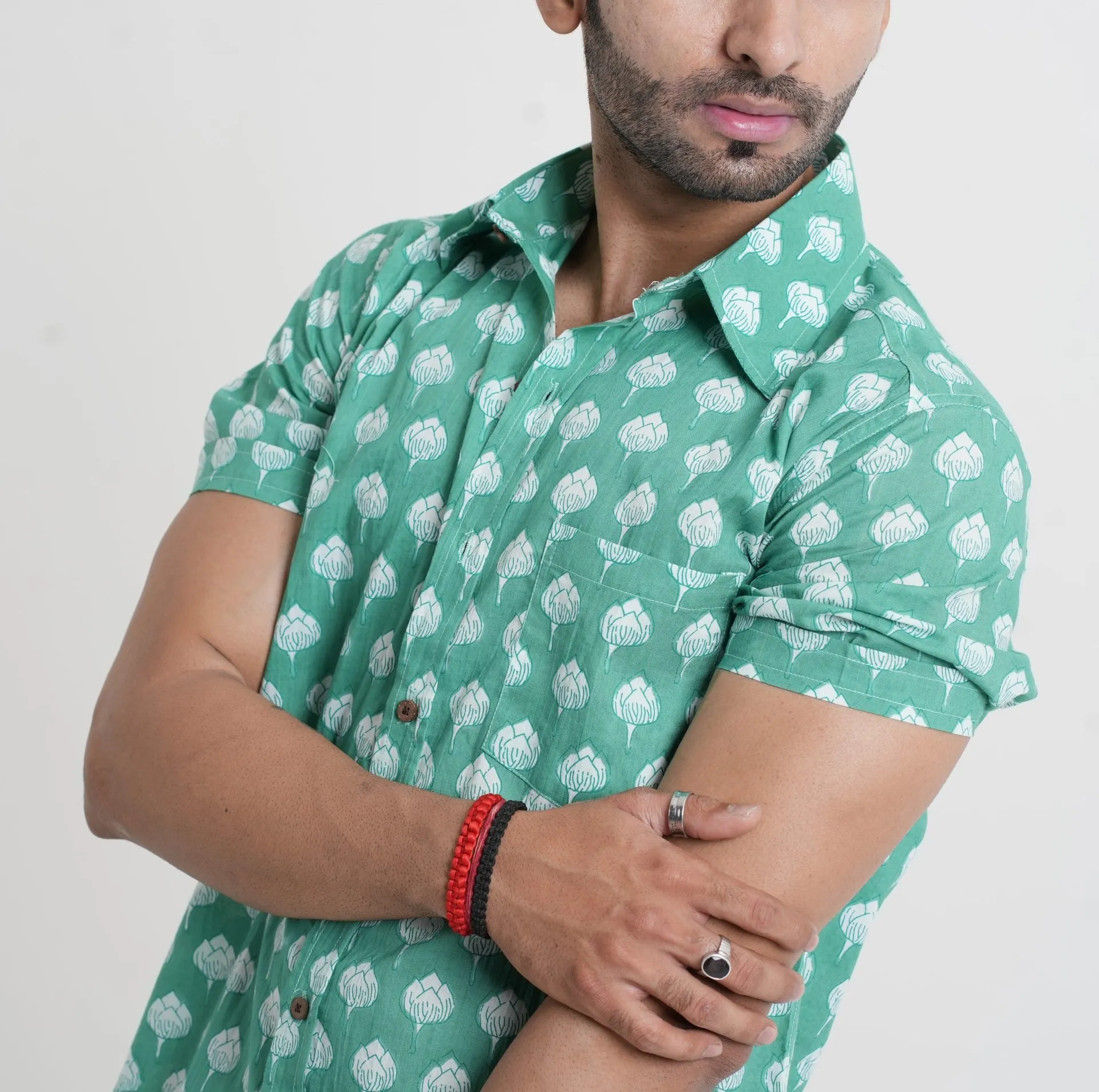 Green Shirt with Lotus Print, Half Sleeves | Style Matters