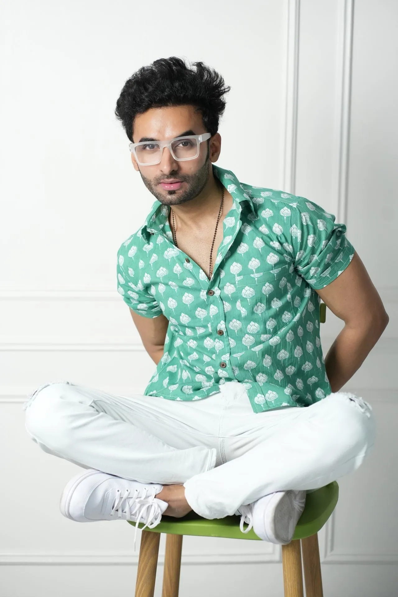 Green Shirt with Lotus Print, Half Sleeves | Style Matters