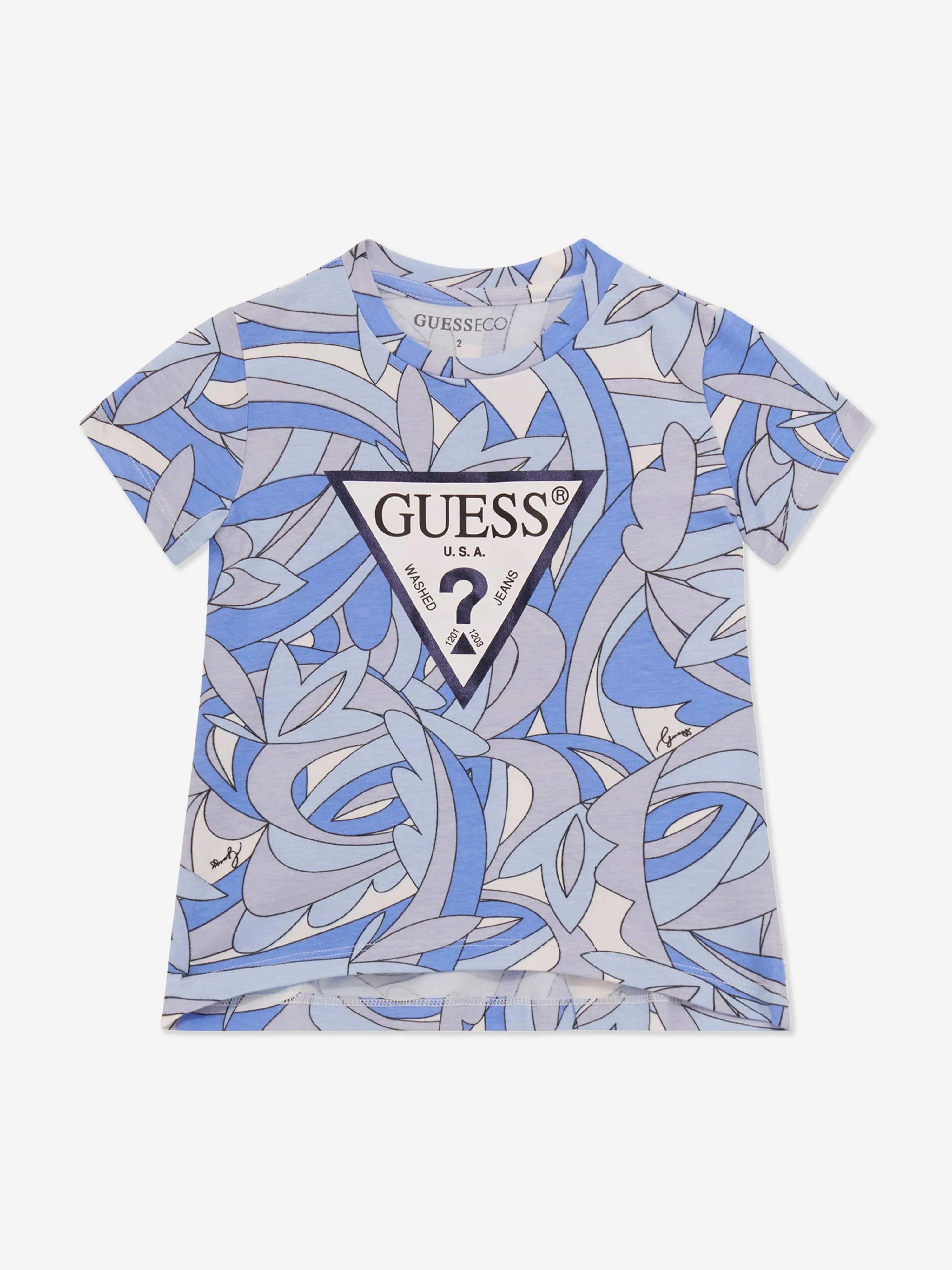 Guess Girls Abstract Logo Print T-Shirt in Blue