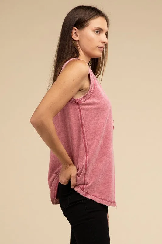 Half-Button Raw Edge Sleeveless Henley Top *Online Only*