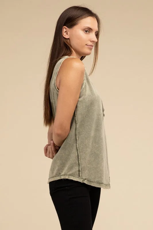 Half-Button Raw Edge Sleeveless Henley Top *Online Only*