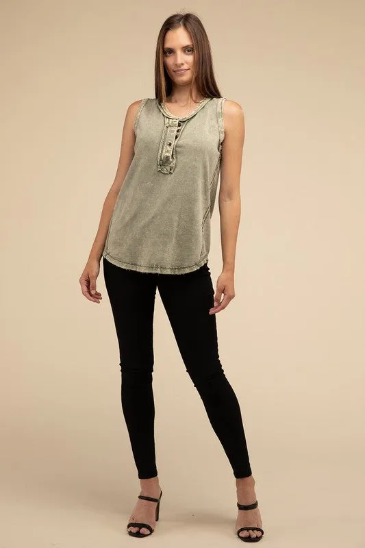 Half-Button Raw Edge Sleeveless Henley Top *Online Only*