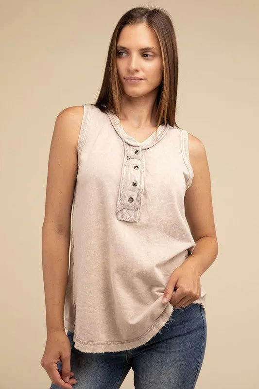 Half-Button Raw Edge Sleeveless Henley Top *Online Only*