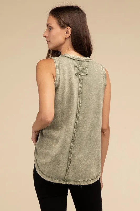 Half-Button Raw Edge Sleeveless Henley Top *Online Only*