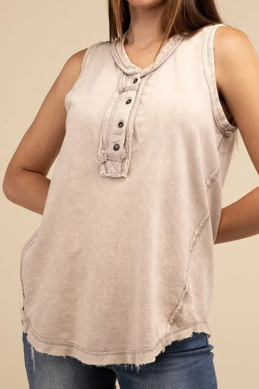 Half-Button Raw Edge Sleeveless Henley Top *Online Only*