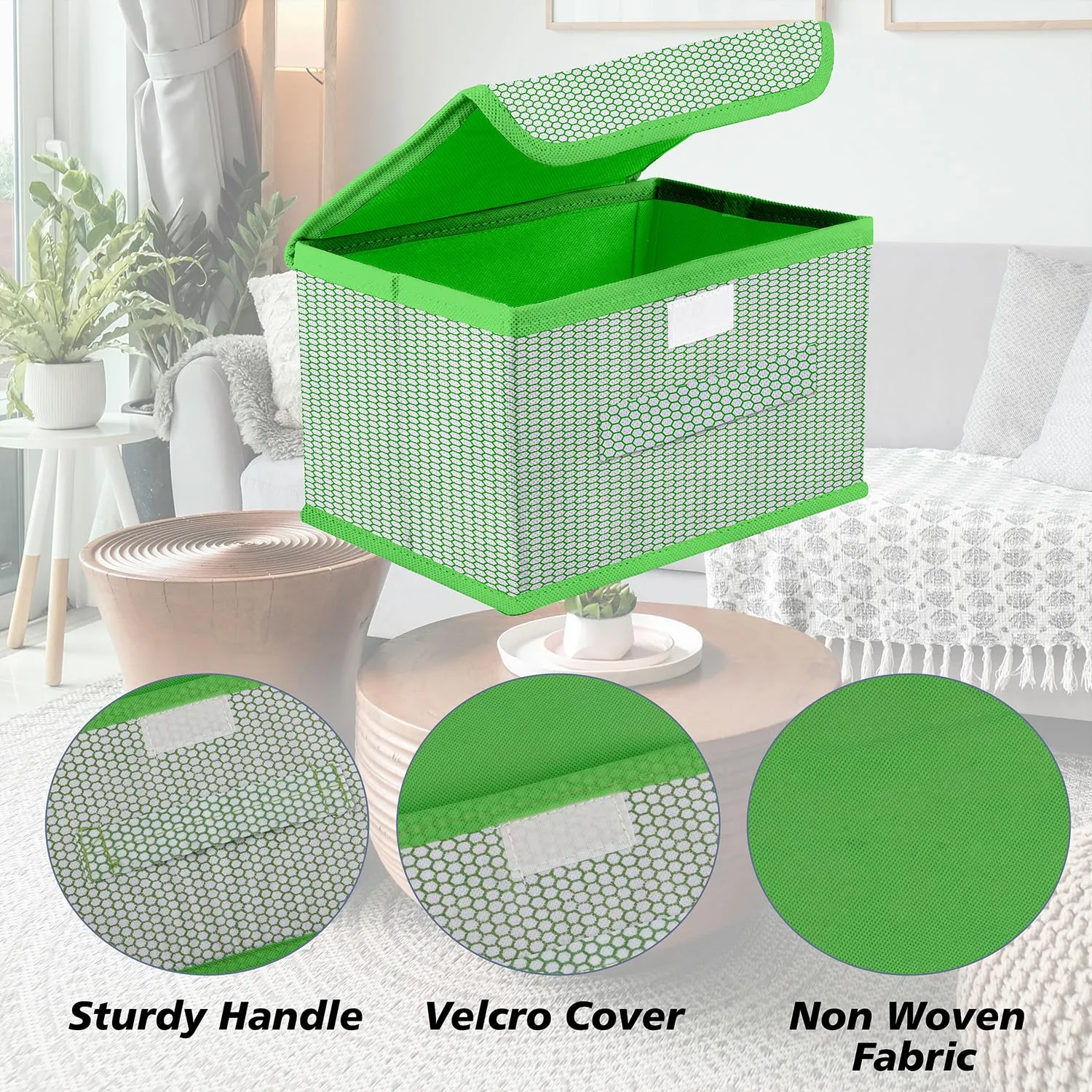 Heart Home Drawer Storage Box | Zig Zag Dhakkan Storage Box | Non-Woven Clothes Organizer For Toys | Storage Box with Handle | Large | Green