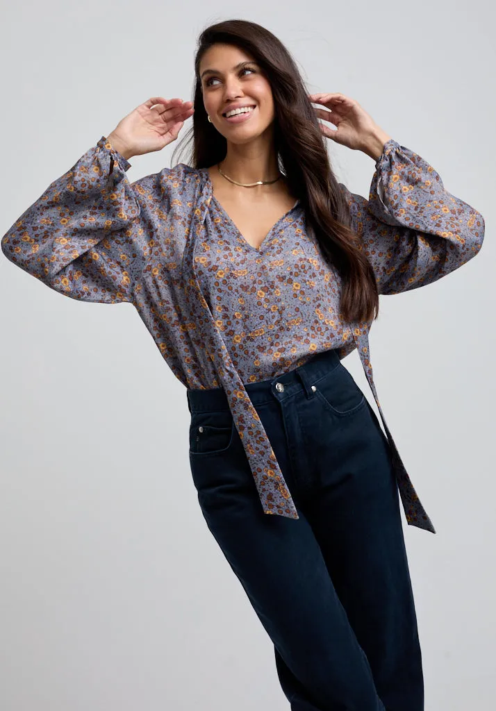 Helena Bow Detail Aster Print Blouse In Grey