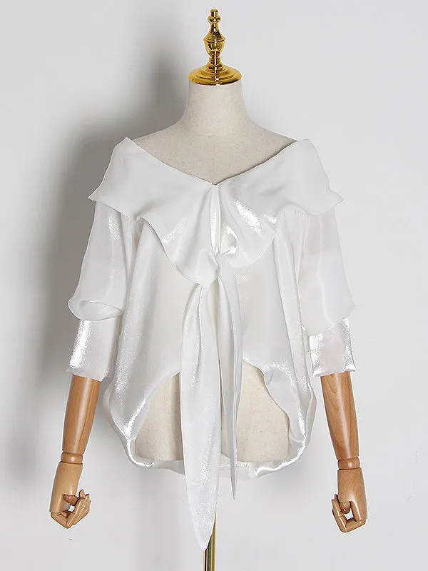 High-Low Bishop Sleeve Falbala V-Neck Blouse