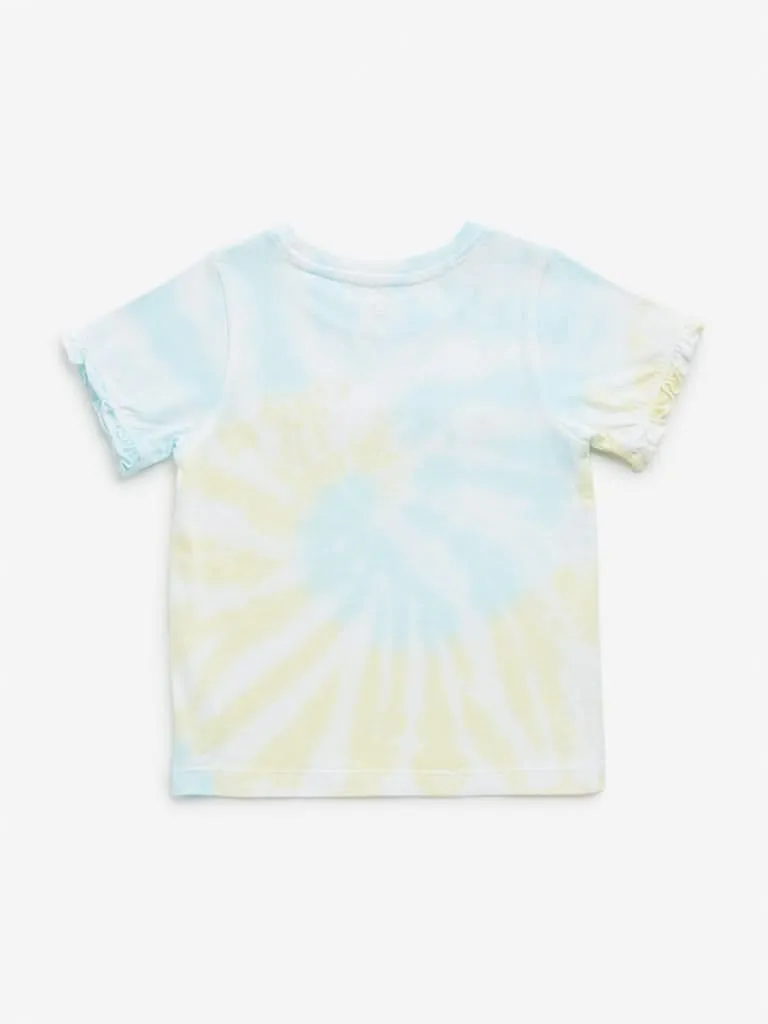 HOP Kids Yellow & Mint Tie-Dye Text Embellished Cotton T-Shirt