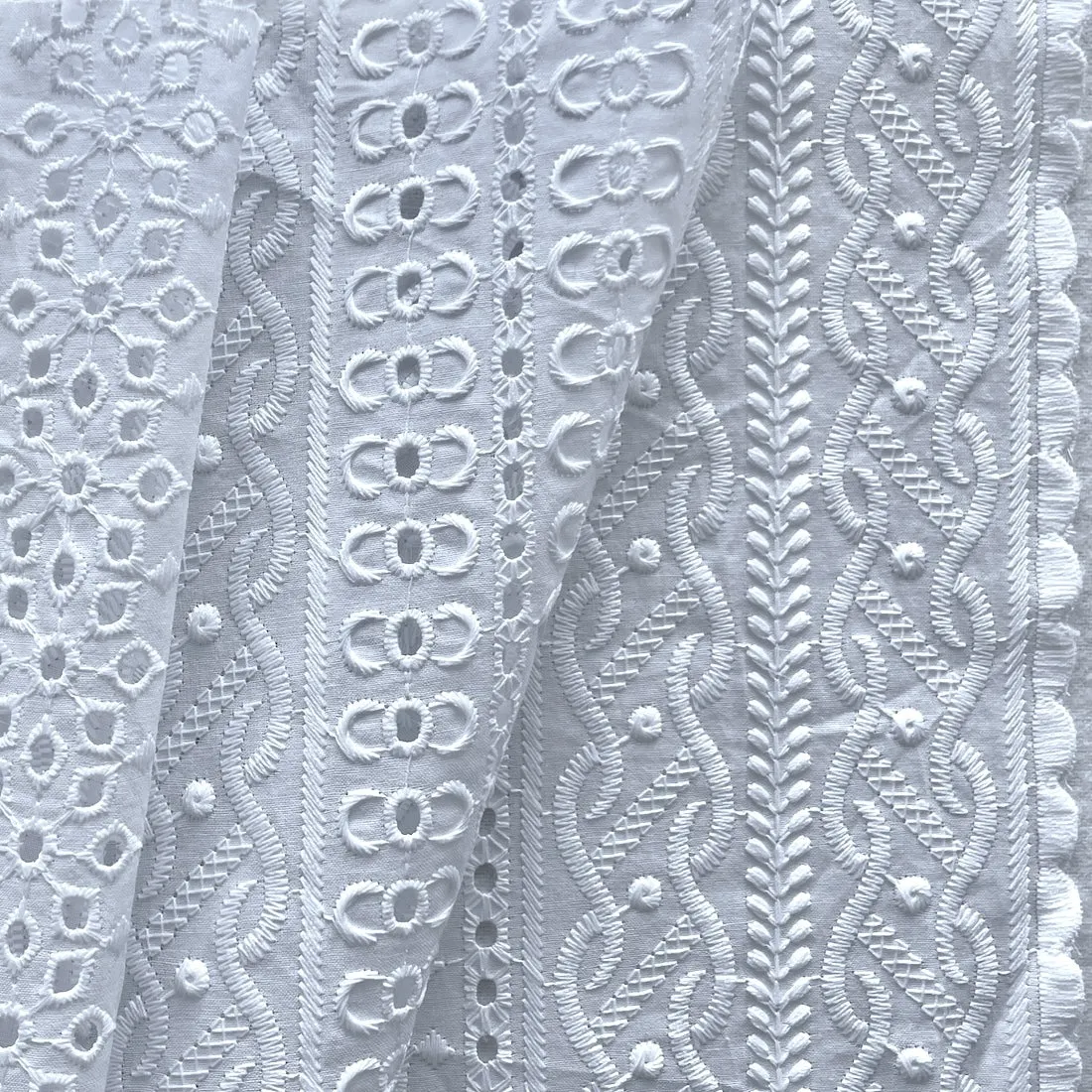 Intricate Stripes White Double-Scalloped Cotton Eyelet (Made in India)