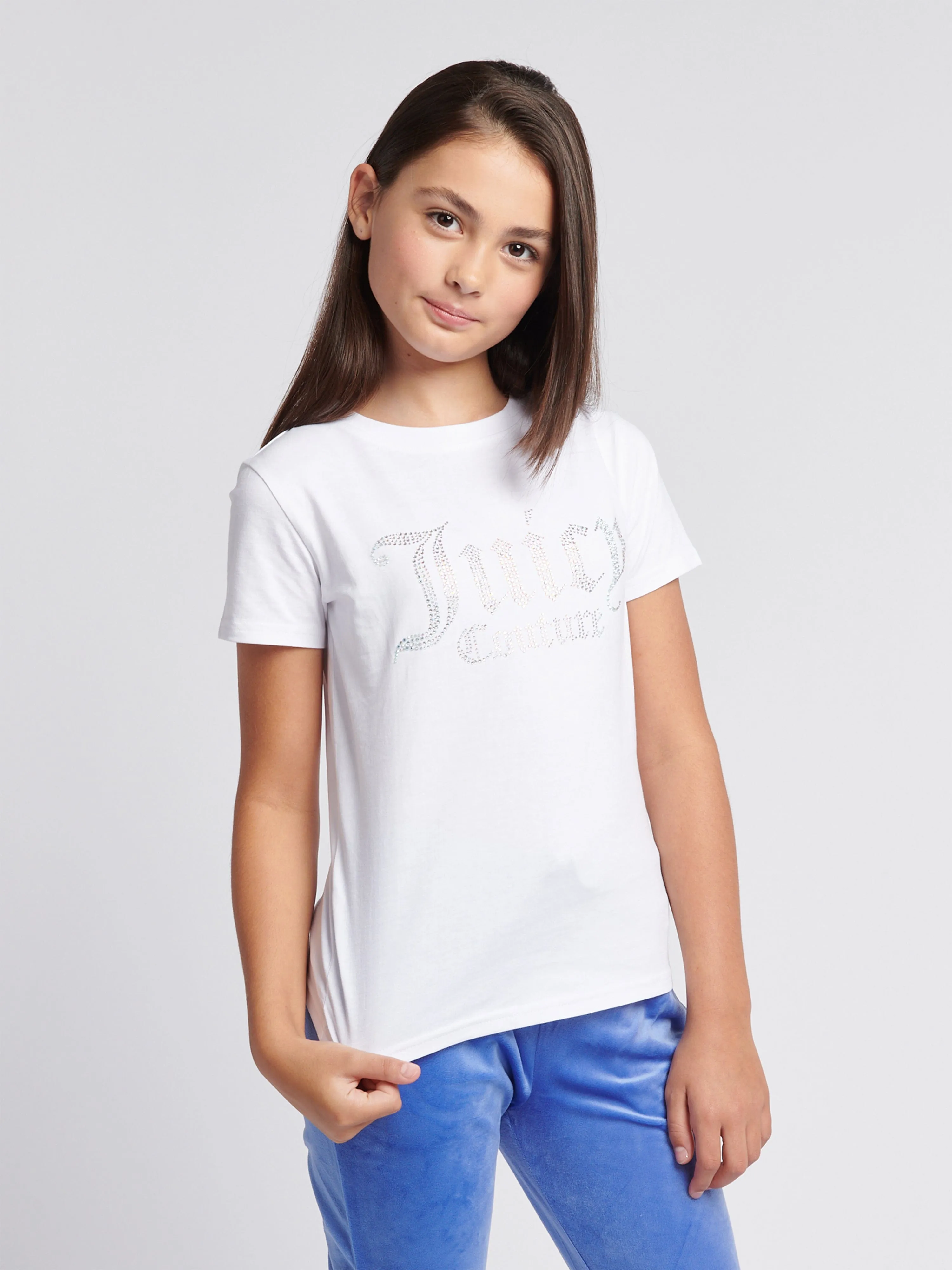 Juicy Couture Girls Diamante Logo Fitted T-Shirt in White