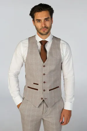 Leo - Men's Beige Checked Tailored Fit Waistcoat