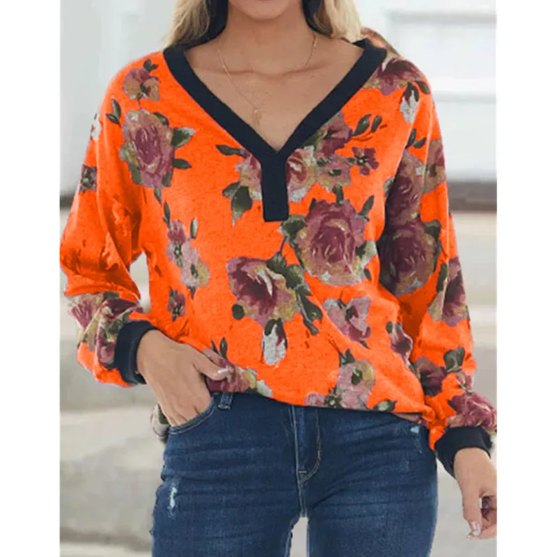 Loose Print Pullover V-Neck Women Wholesale Clothing