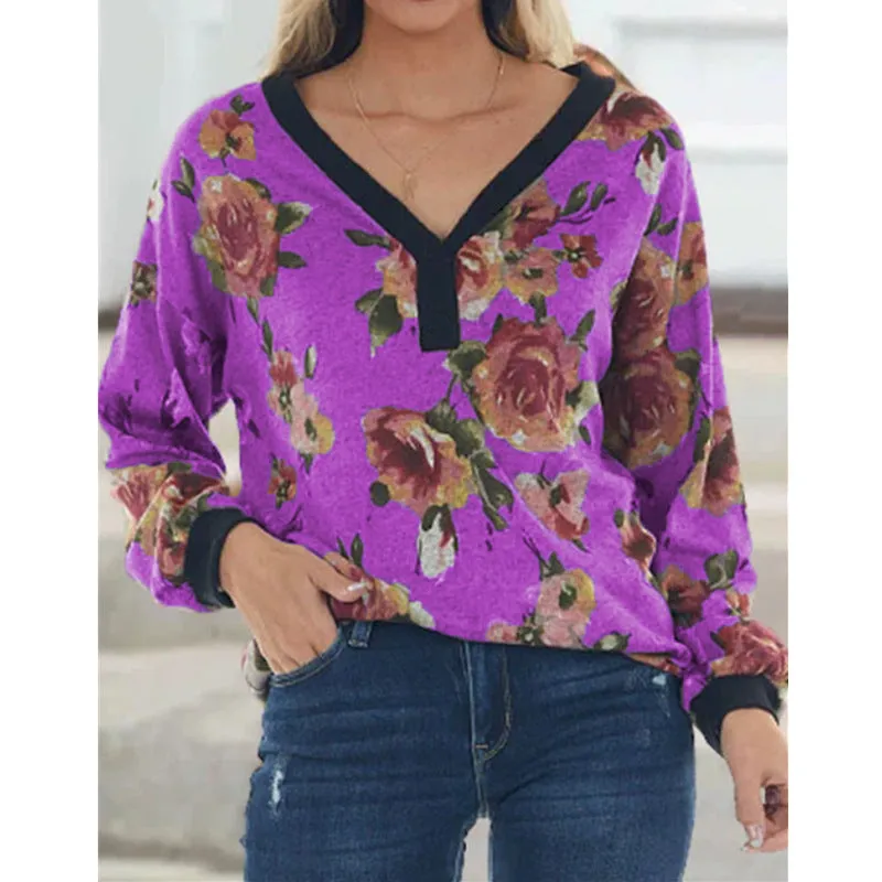 Loose Print Pullover V-Neck Women Wholesale Clothing