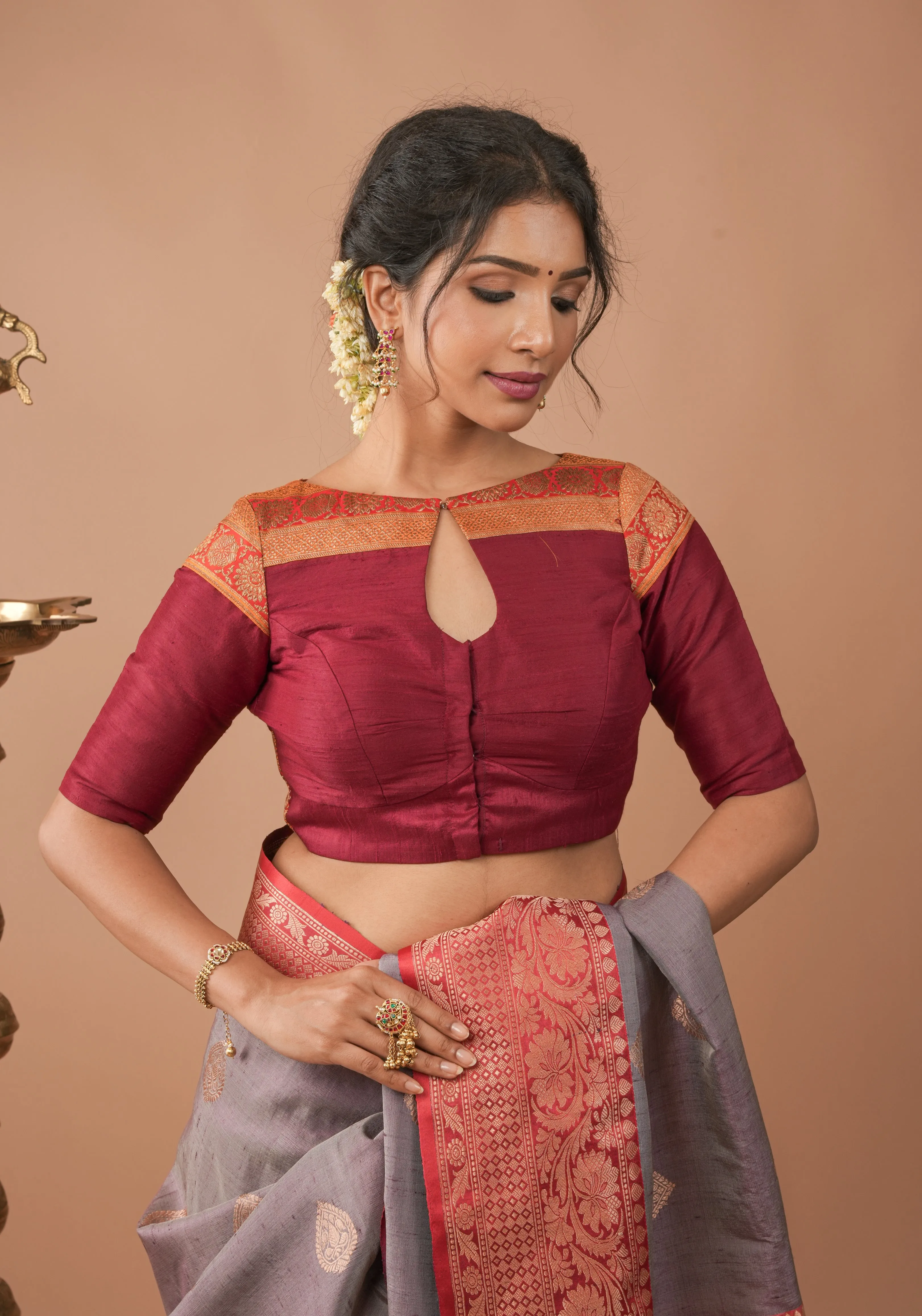 Maroon Pure Raw Silk Blouse With Antique Tone Zari Panel