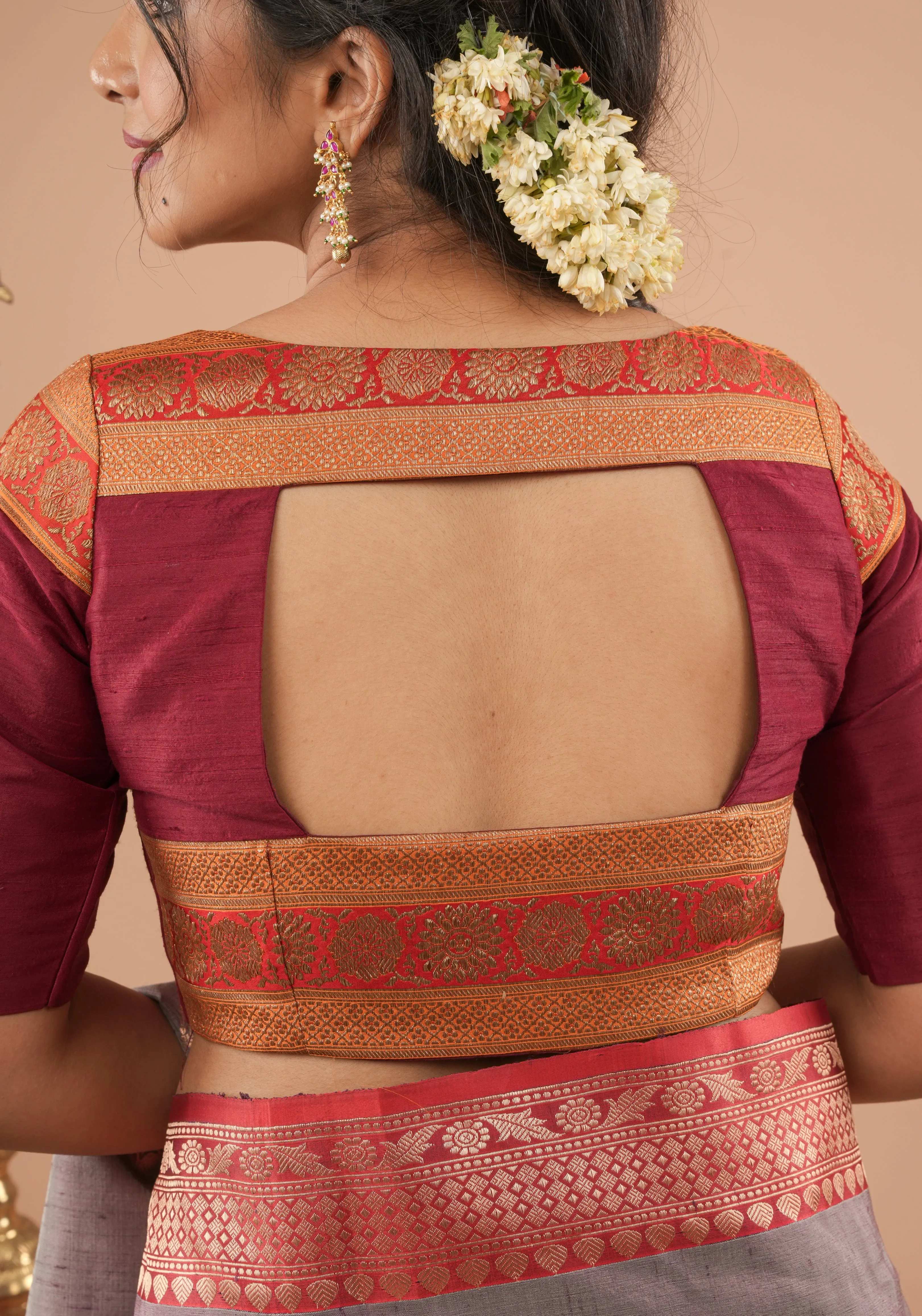 Maroon Pure Raw Silk Blouse With Antique Tone Zari Panel