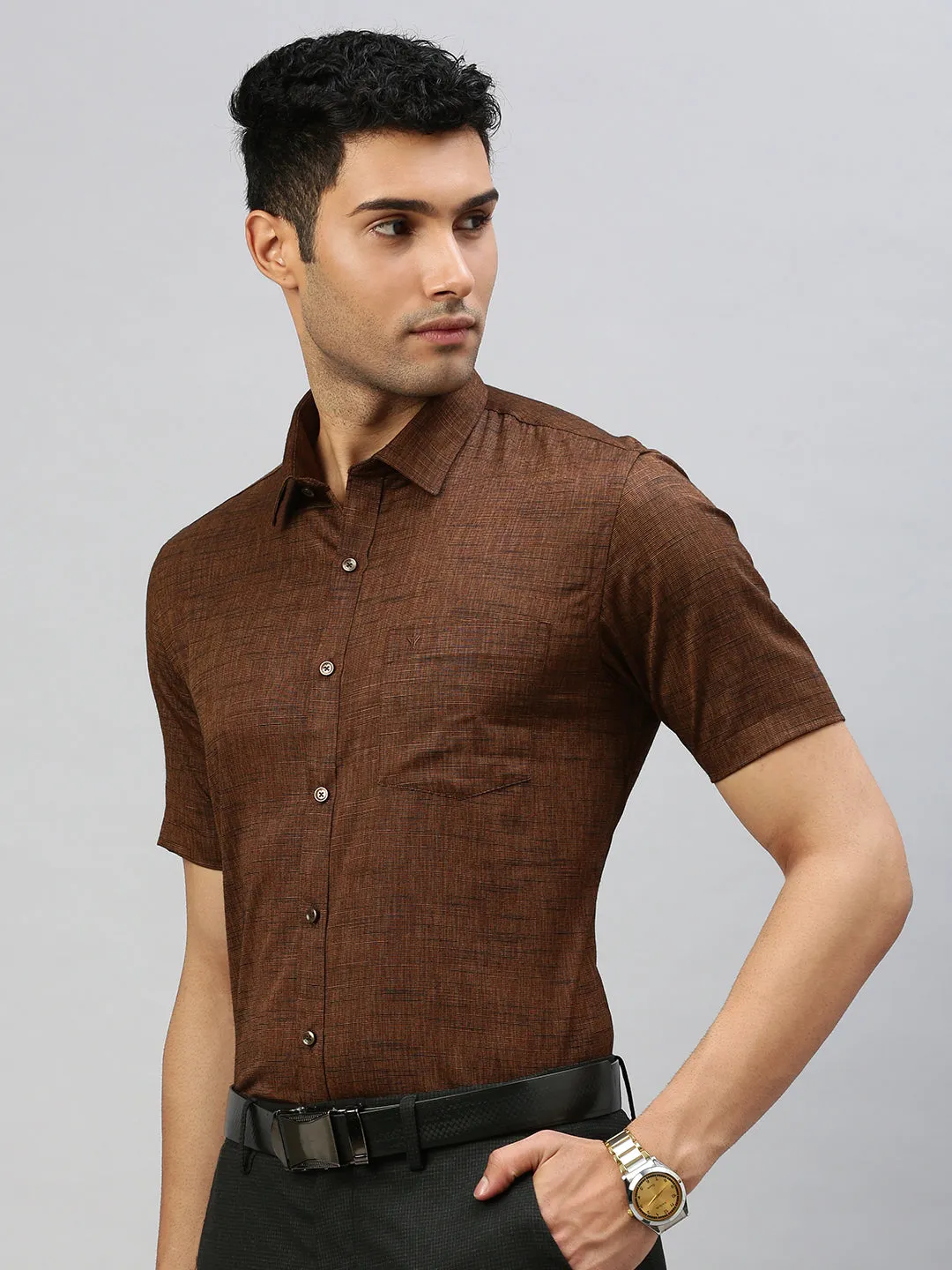 Men Cotton Blend Shirt Brown T33 TI1