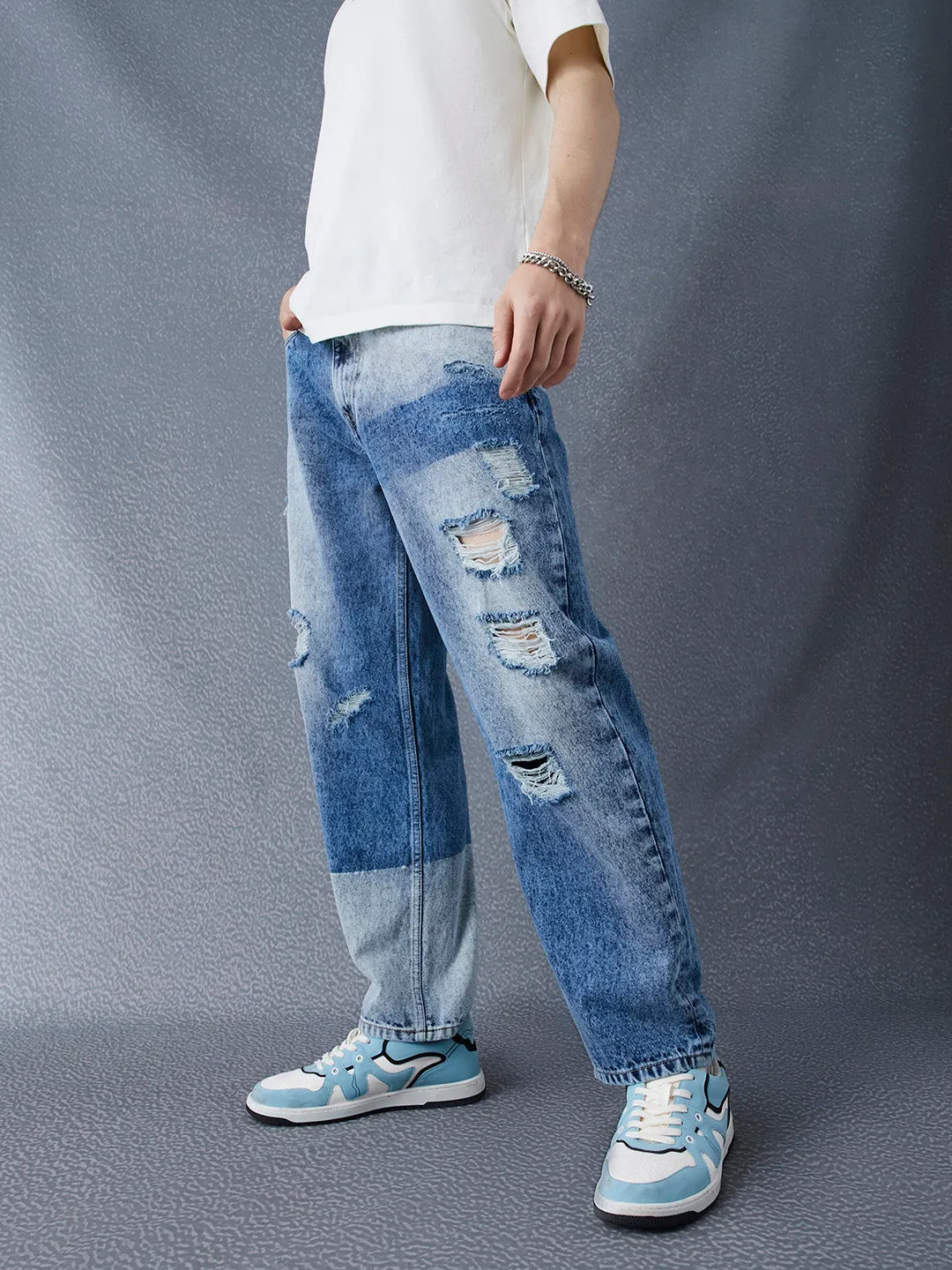 Men Relax Wide Leg Cotton Distress Washed Stylised Street Look Indigo Jeans