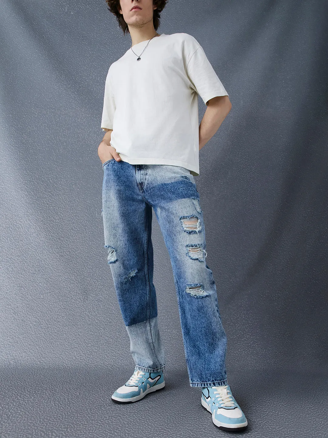 Men Relax Wide Leg Cotton Distress Washed Stylised Street Look Indigo Jeans