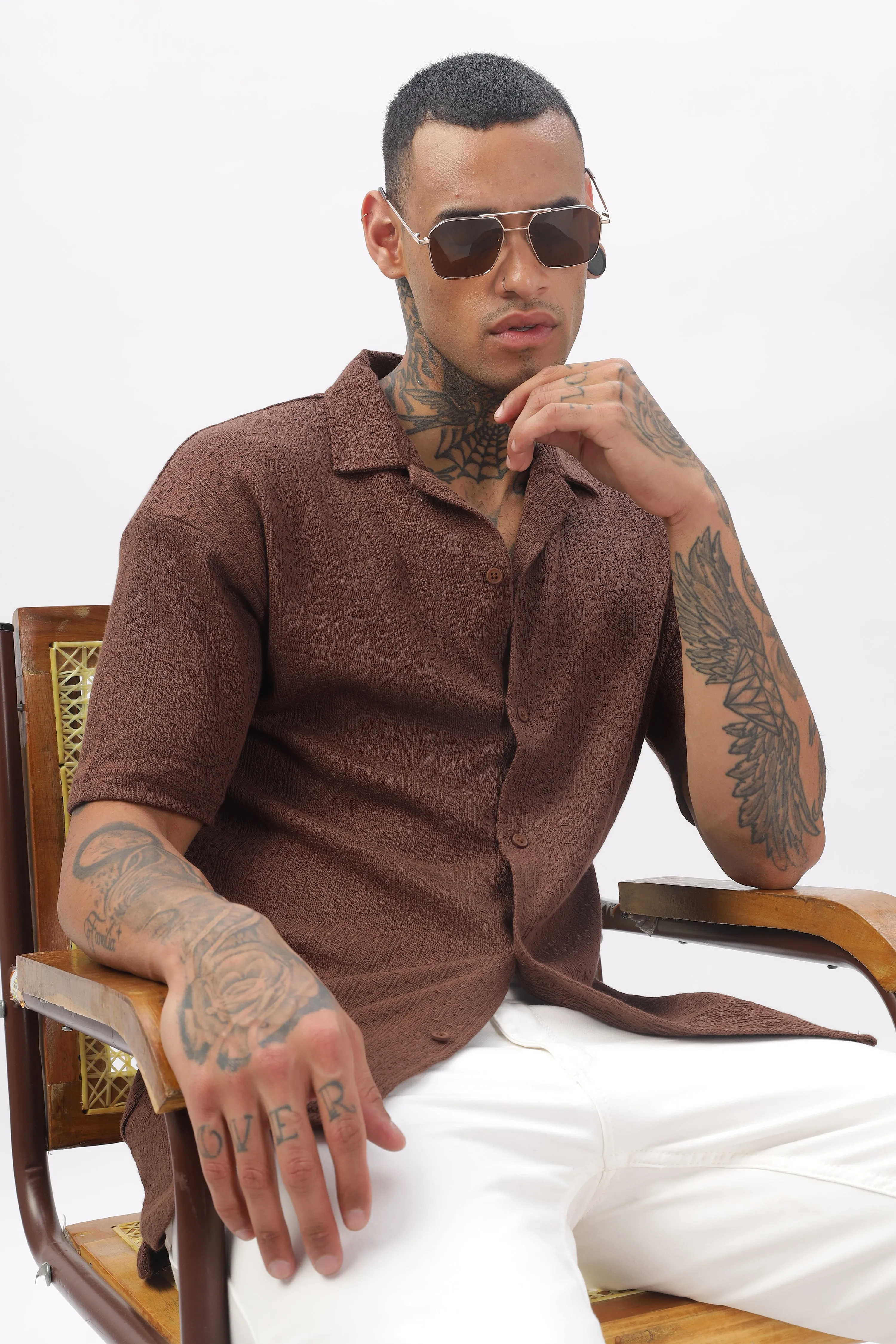 Midnight Breeze Cuban Collar Brown  Shirt