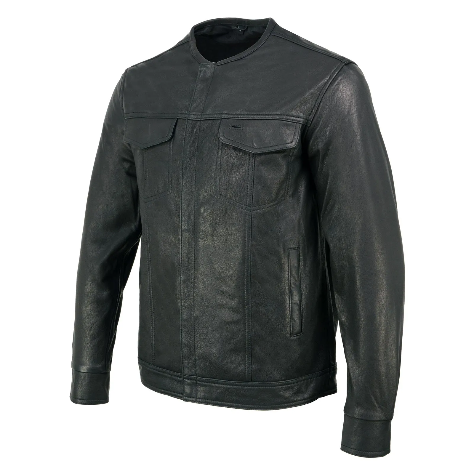 Milwaukee Leather MLM1607 Men's Collarless Black Premium Goat Skin Leather Casual Biker Shirt w/ Dual Closure