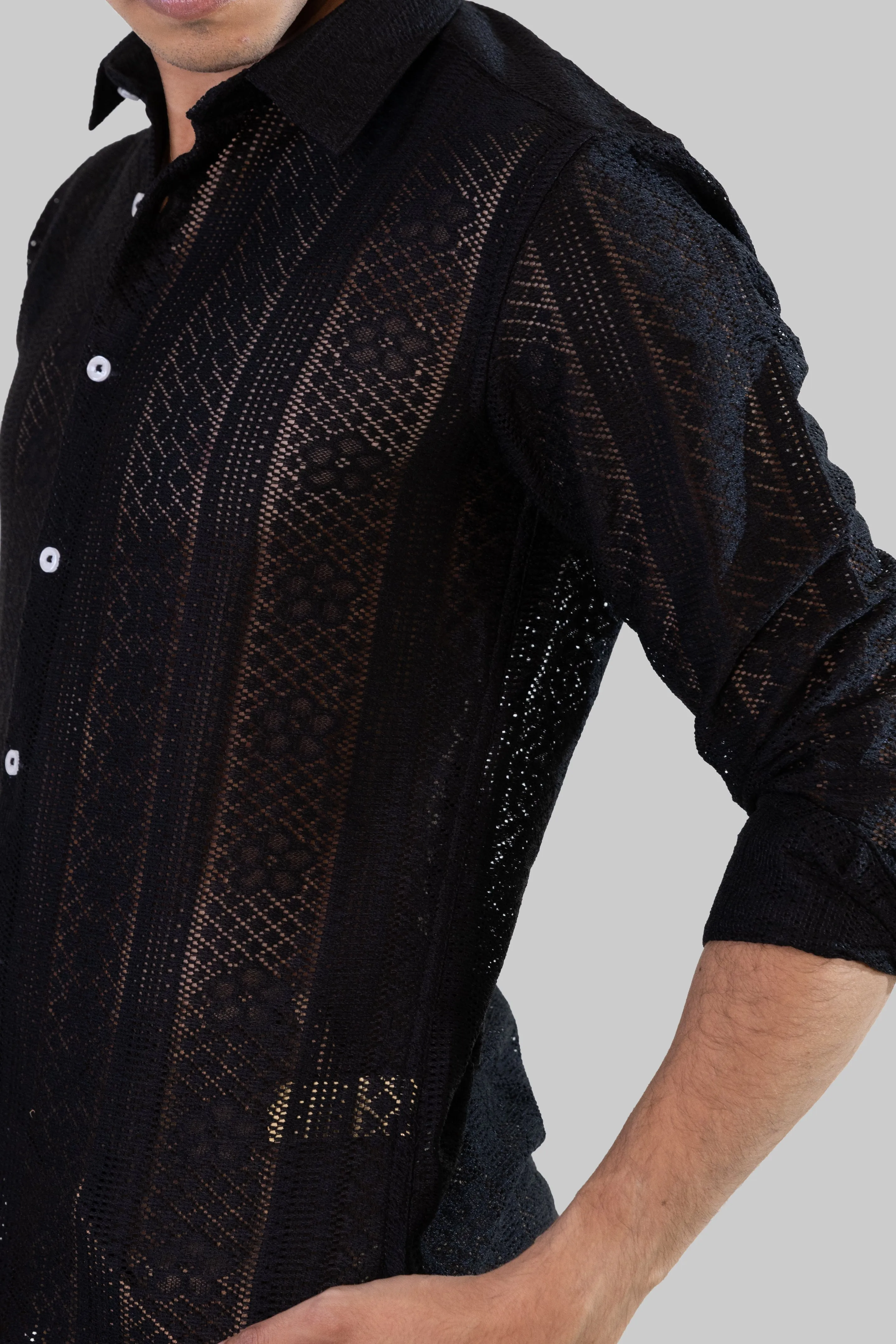 Net Weave Knitted Shirt - Black