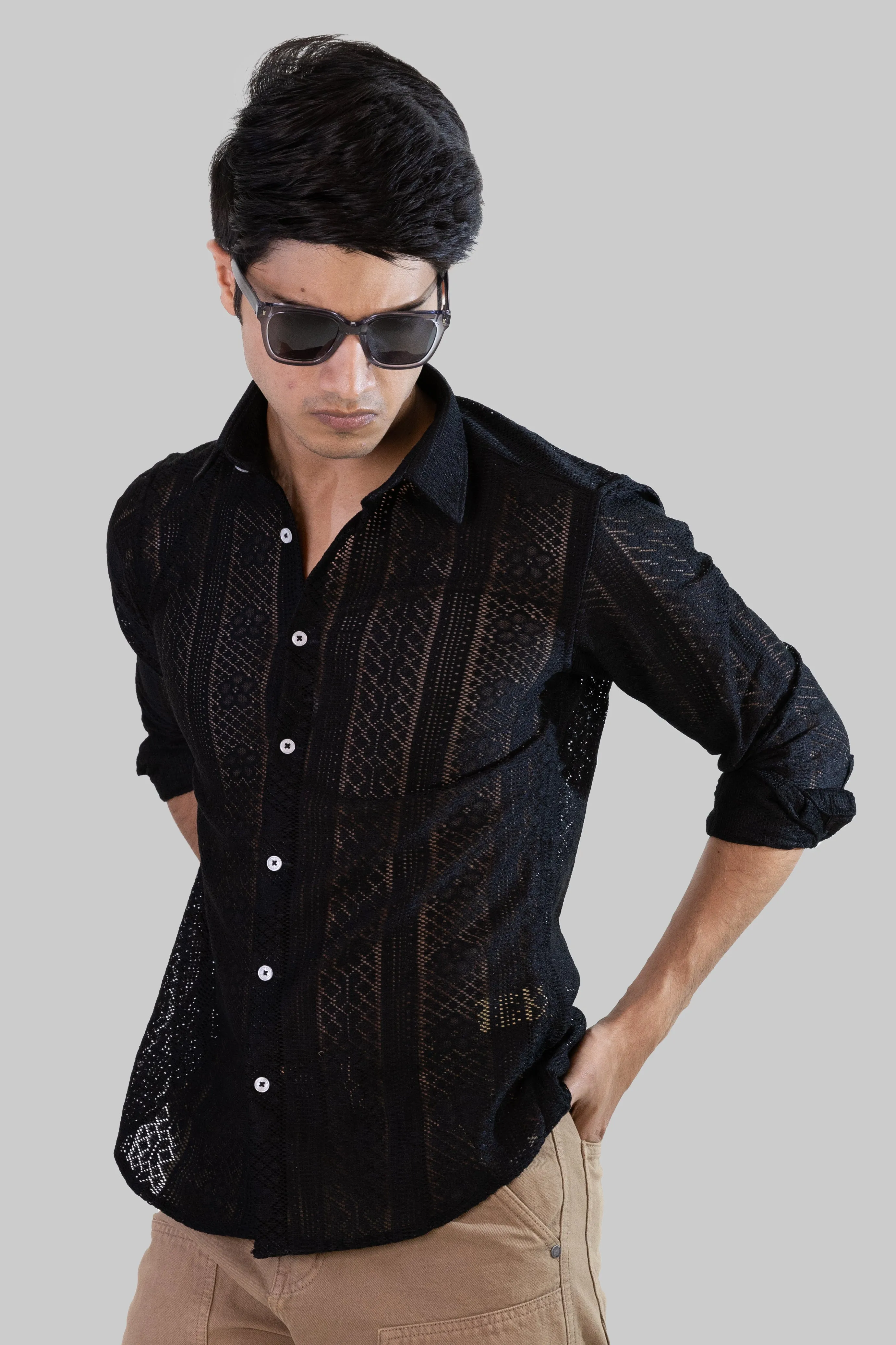 Net Weave Knitted Shirt - Black