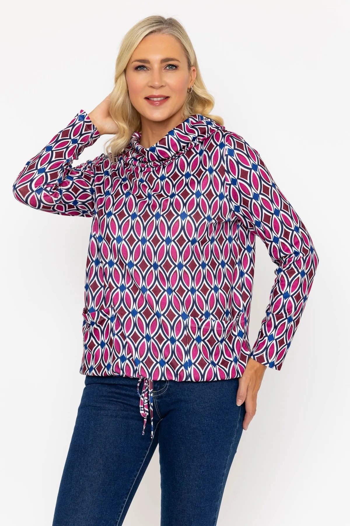 Pink Geometric Print Roll Neck Top