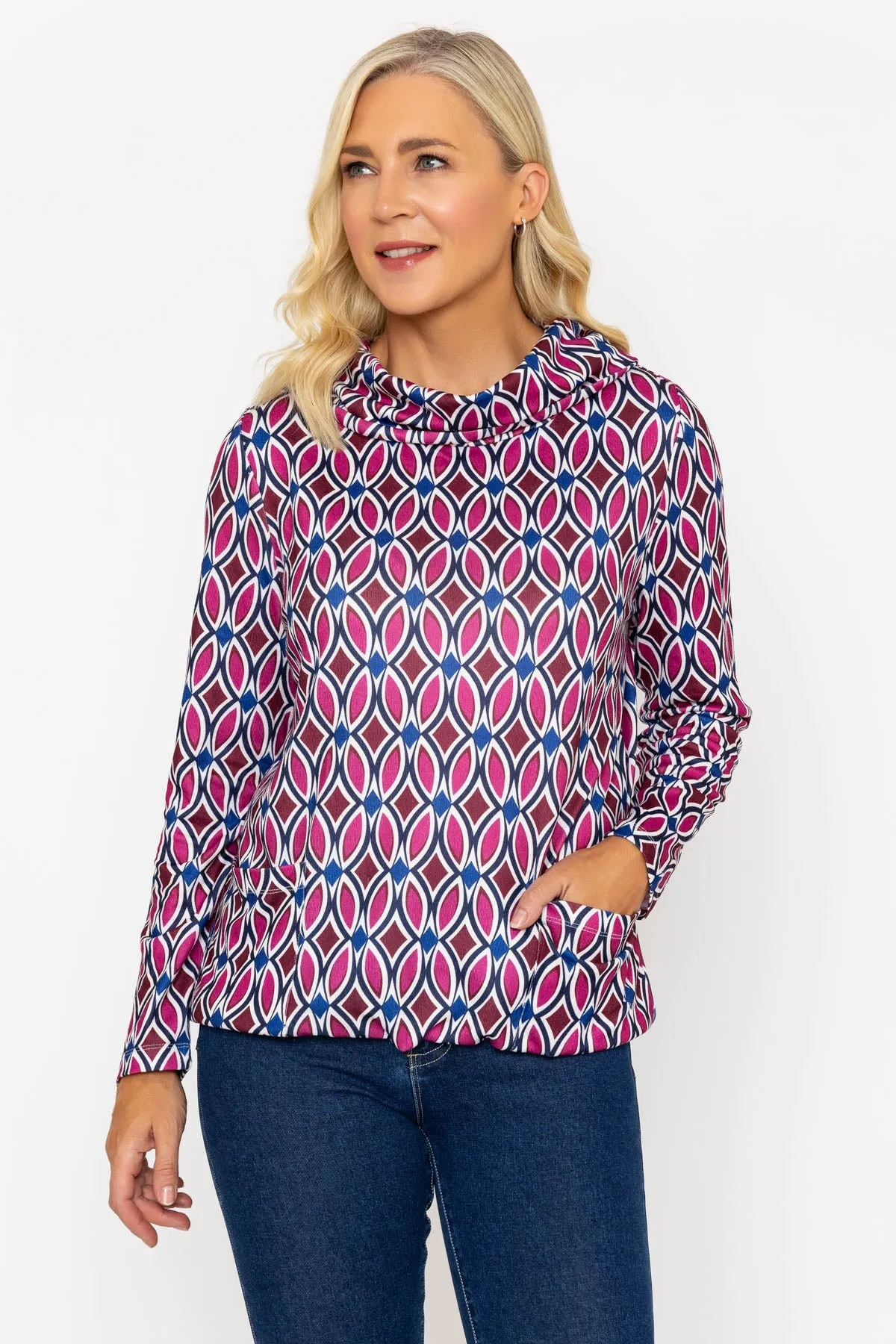 Pink Geometric Print Roll Neck Top