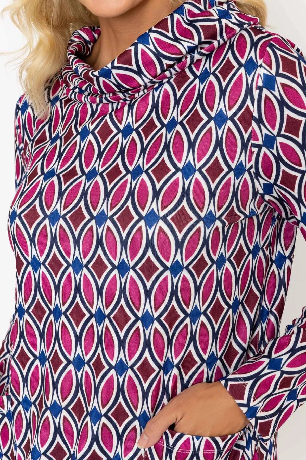 Pink Geometric Print Roll Neck Top