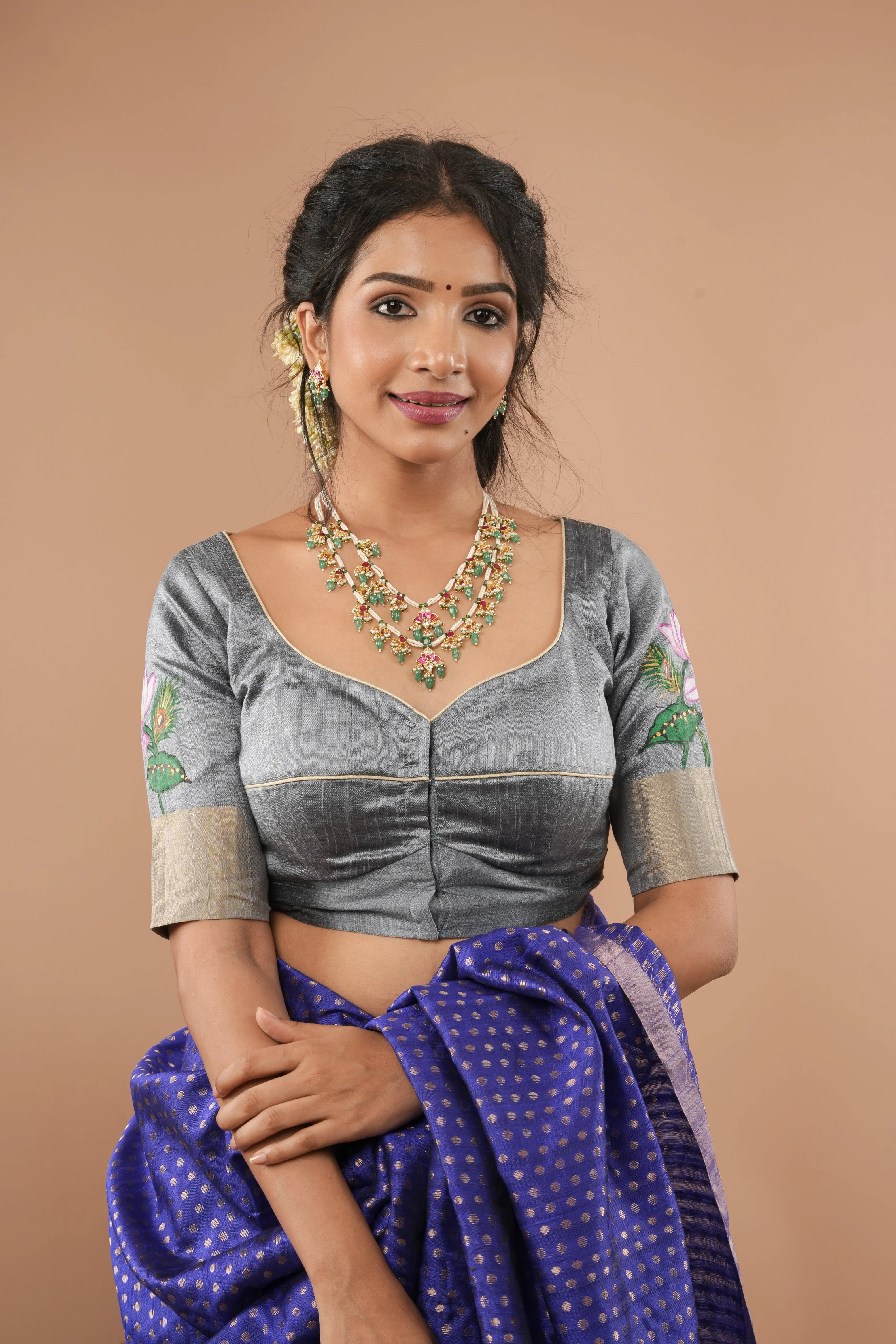 Pure raw silk blouse in Gray with Pichwai Cow Handpainting and zari borders