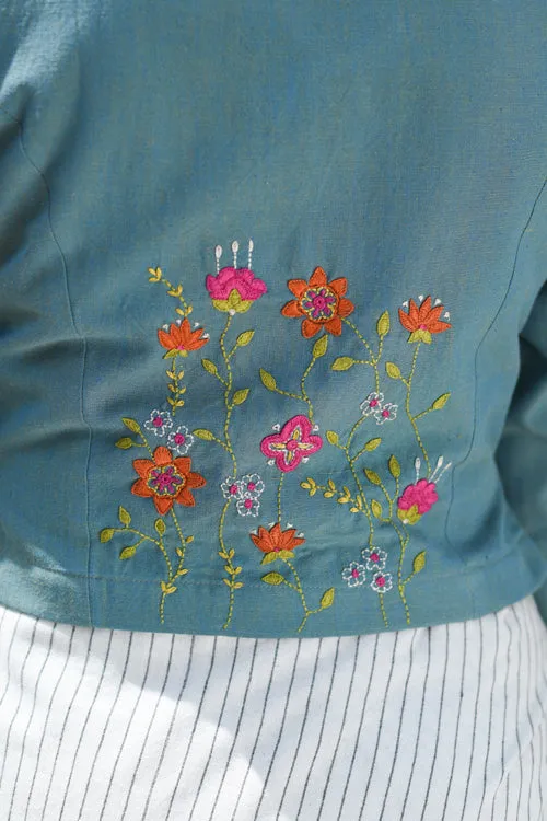 Rangsutra Cheenth Blue Blouse With Pucca Embroidered On Back